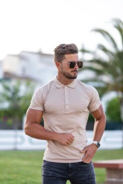 Father Sons Classic Beige Polo Shirt With Gold Metal Emblem Decal & Buttons - FSH457