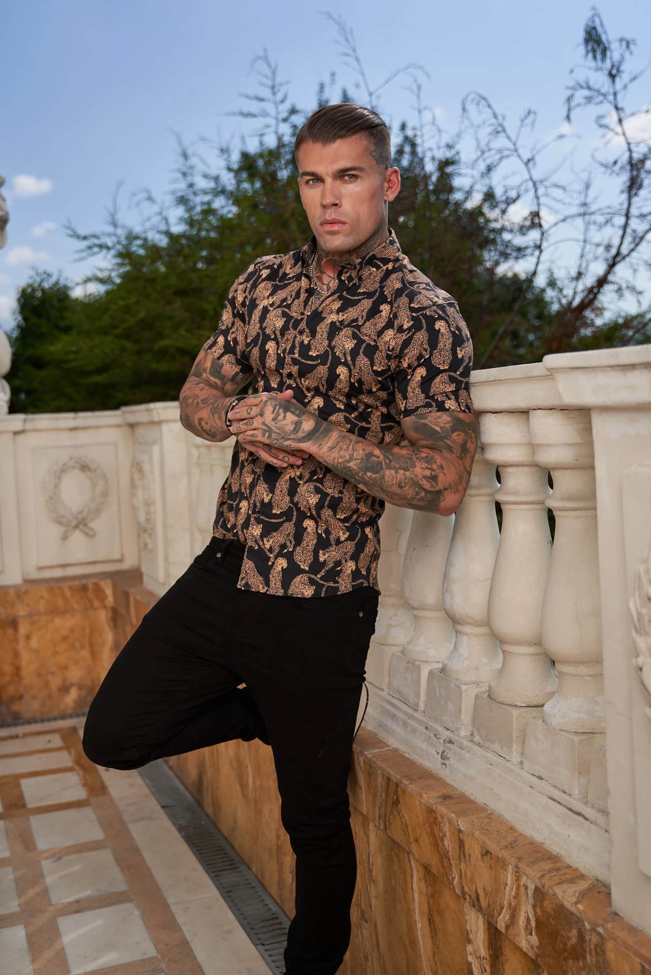 Father Sons Super Slim Stretch Black / Tan Cheetah Print Short Sleeve With Button Down Collar - FS789 - Image 12