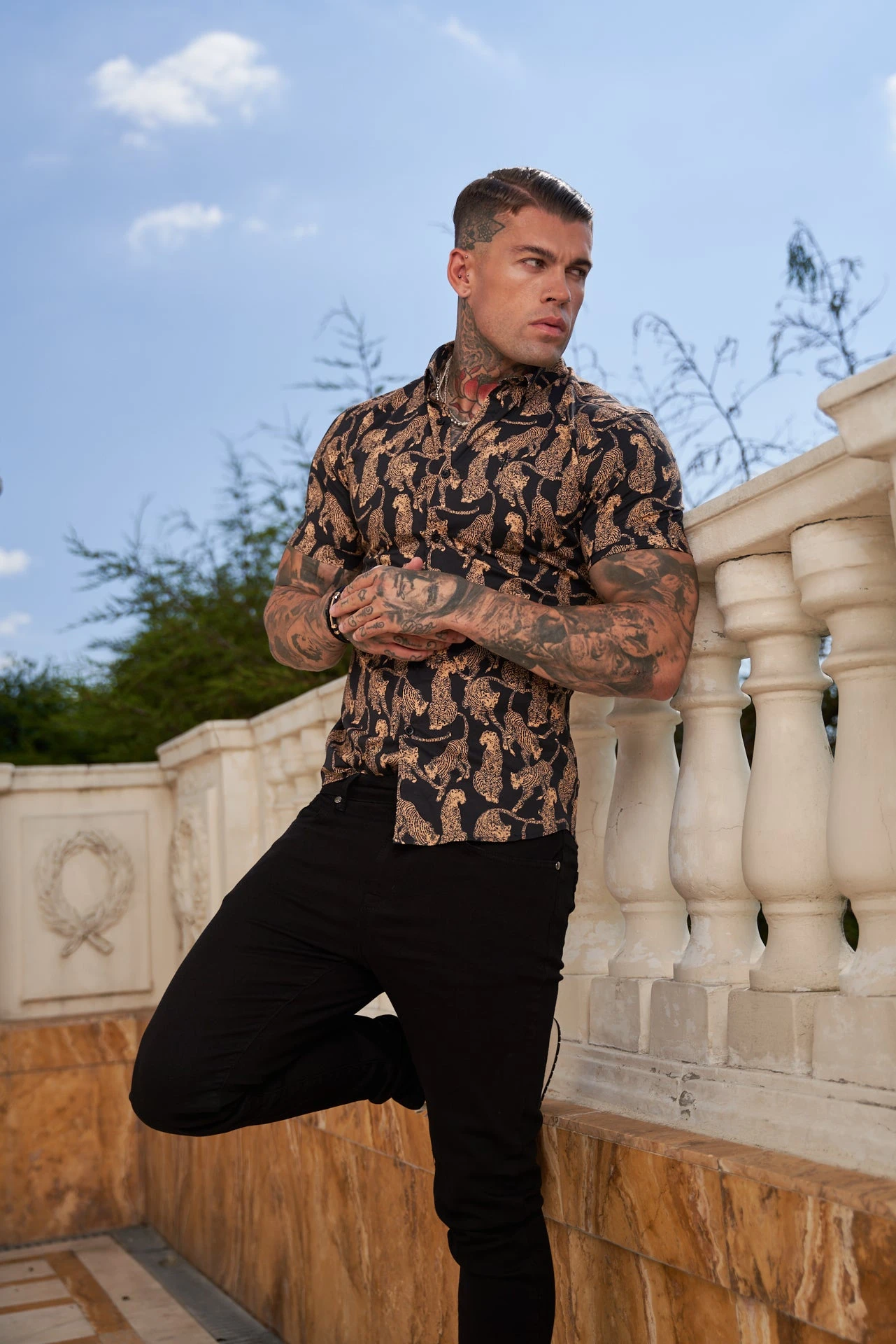Father Sons Super Slim Stretch Black / Tan Cheetah Print Short Sleeve With Button Down Collar - FS789 - Image 14