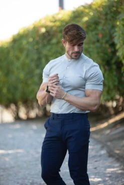 Father Sons Super Slim Luxe Ultra Stretch Light Grey Short Sleeve With Grandad Collar - FS778