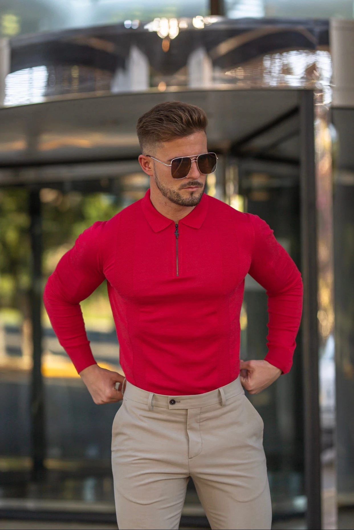 Father Sons Classic Poppy Red And Black Zip Knitted Long Sleeve Polo Shirt - FSH567 - Image 4