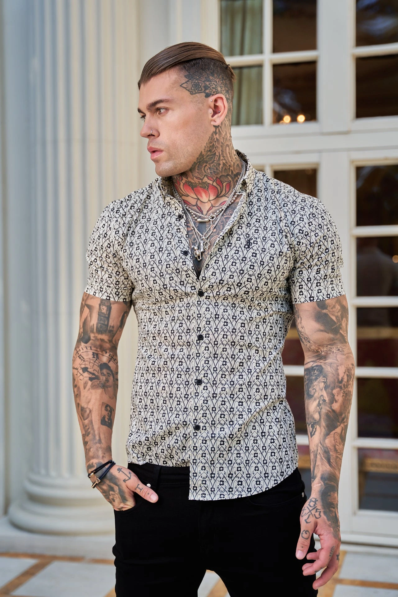Father Sons Super Slim Stretch Ecru / Black Geo Flower Print Short Sleeve With Button Down Collar - FS788