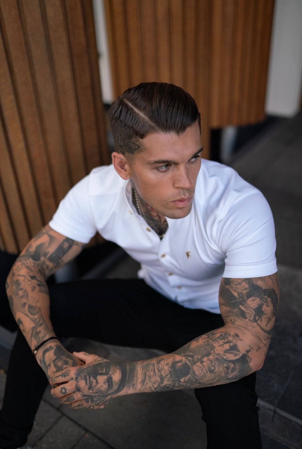 Father Sons Super Slim Stretch White Denim Short Sleeve Grandad Collar With Metal Buttons And Decal Emblem - FS720 - Image 8