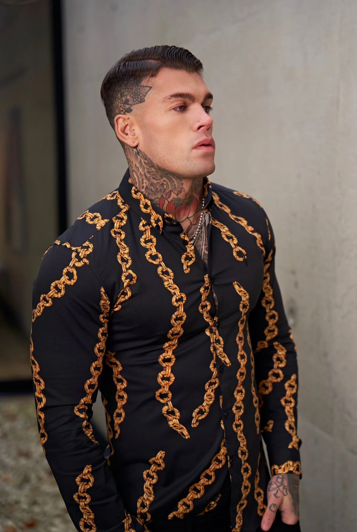 Father Sons Super Slim Stretch Black / Gold Chain Print Long Sleeve With Button Down Collar - FS856 - Image 5
