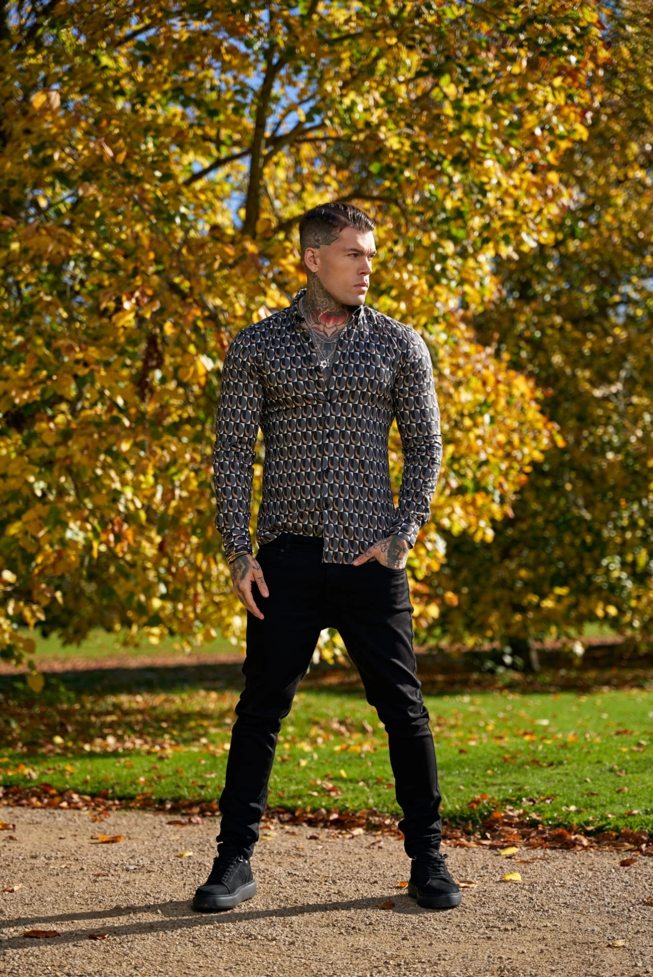 Father Sons Super Slim Stretch Black Multi Retro Print Long Sleeve With Button Down Collar - FS910 - Image 12