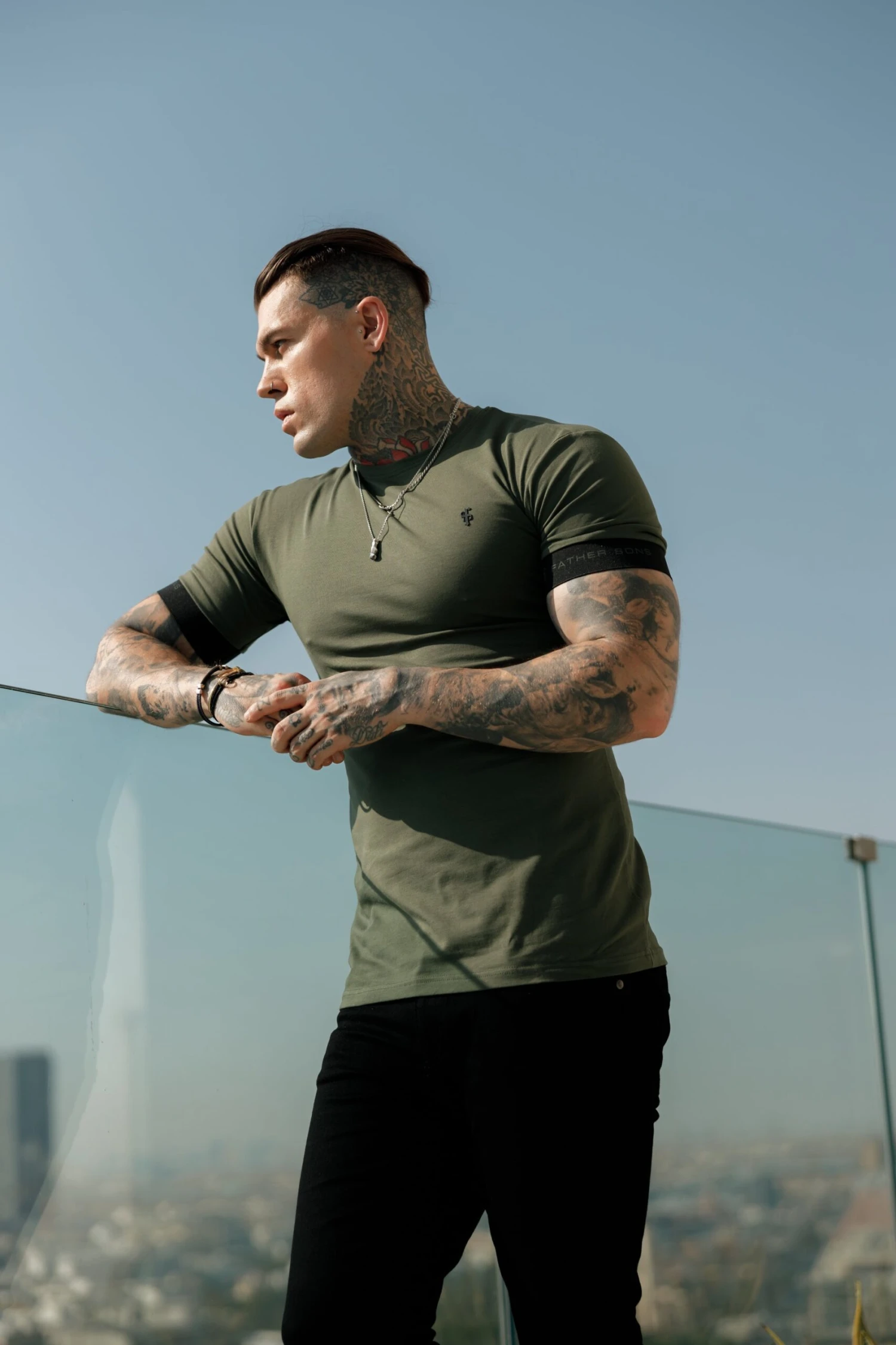 Father Sons Classic Khaki Crew T Shirt With FS Elastic Sleeve Branding - FSH781 - Image 5