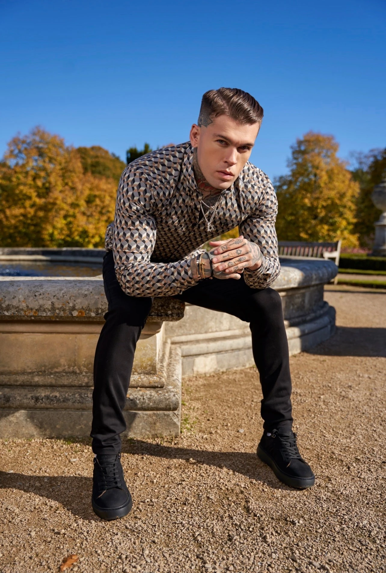 Father Sons Super Slim Stretch Grey / Beige Chevron Print Long Sleeve With Button Down Collar - FS904 - Image 5