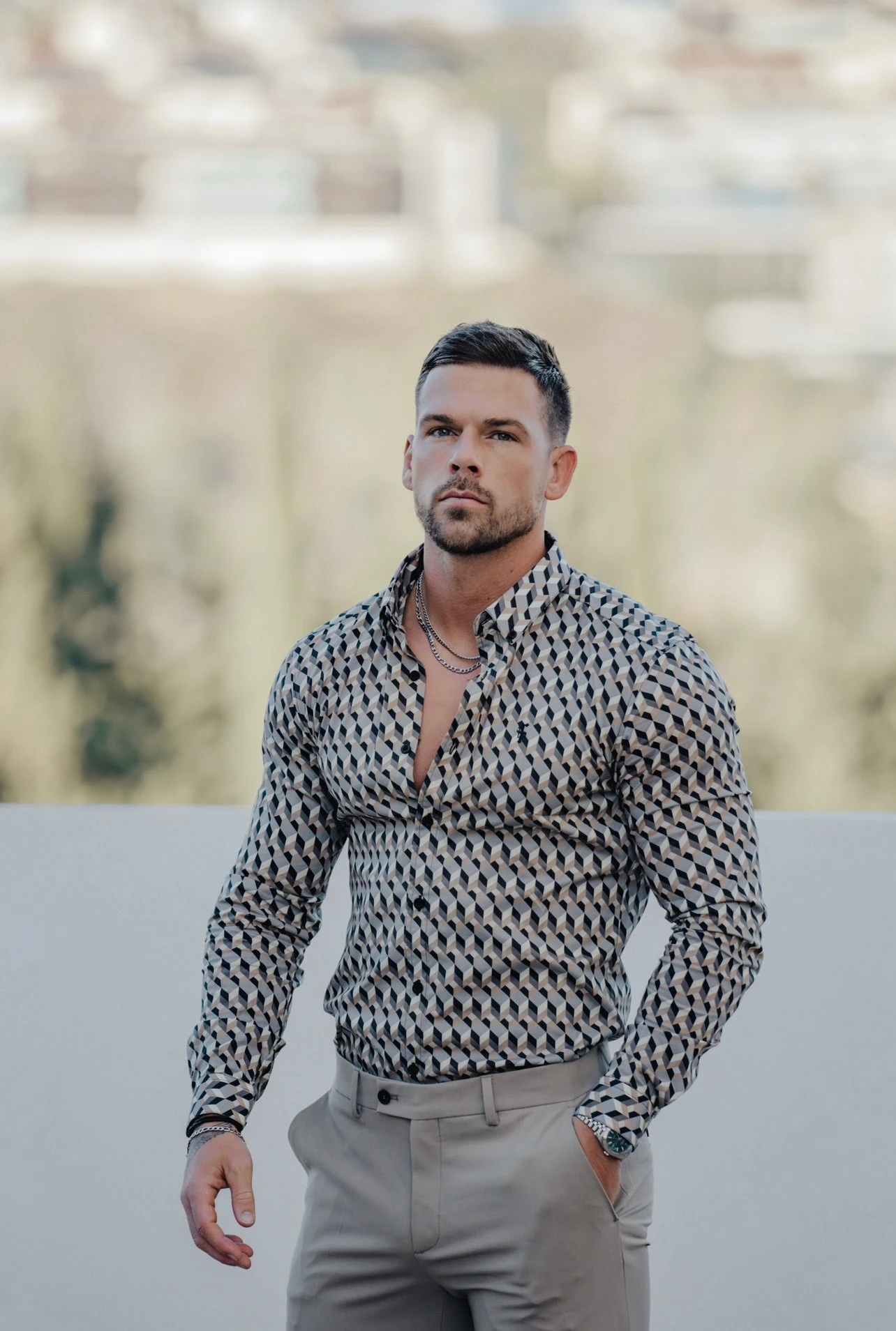 Father Sons Super Slim Stretch Grey / Beige Chevron Print Long Sleeve With Button Down Collar - FS904 - Image 2