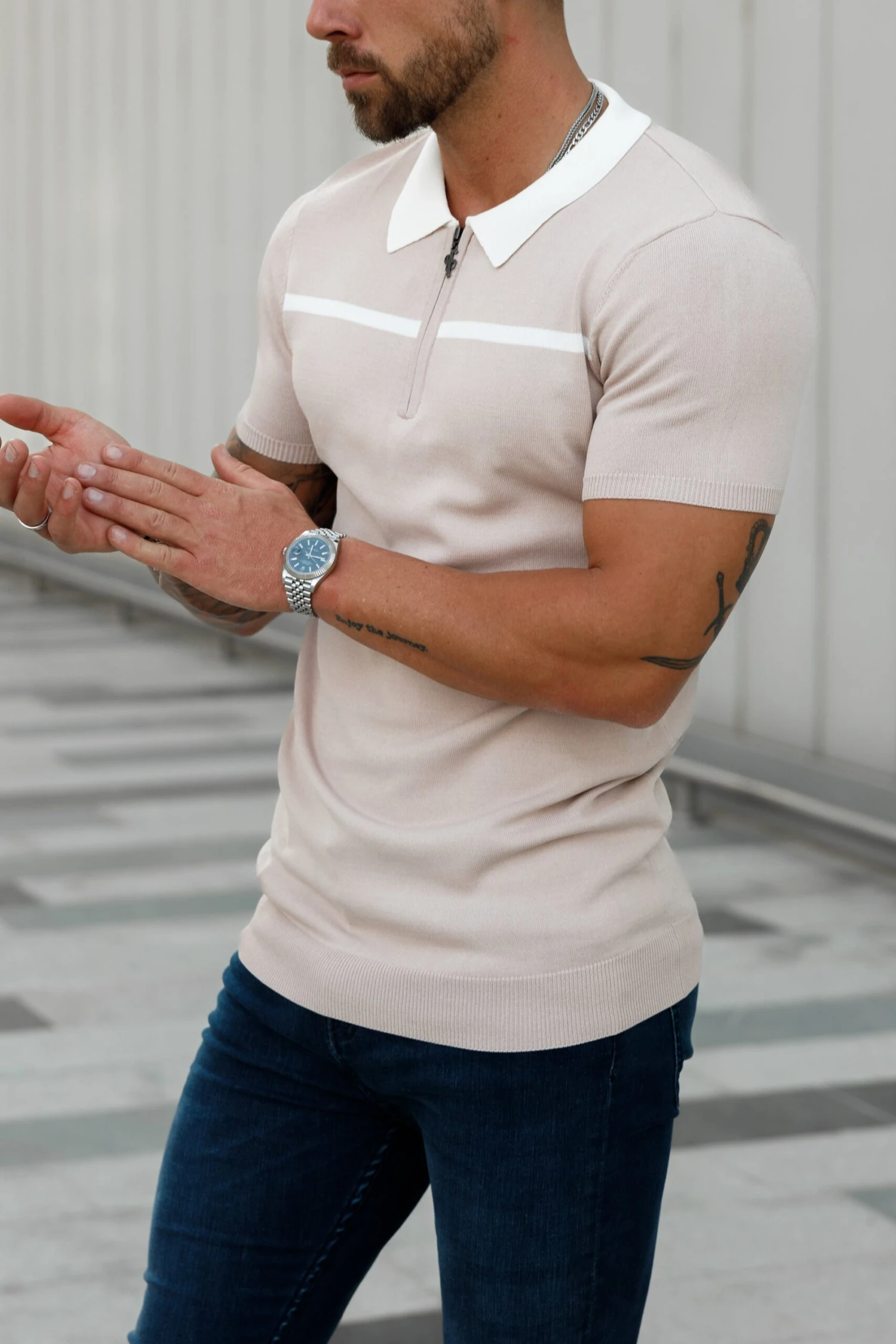 Father Sons Classic Beige / White Horizontal Stripe Zipped Polo Short Sleeve - FSN041 - Image 3