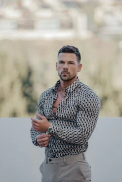 Father Sons Super Slim Stretch Grey / Beige Chevron Print Long Sleeve With Button Down Collar - FS904