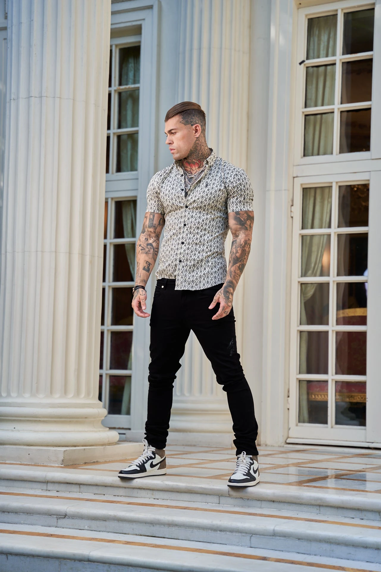 Father Sons Super Slim Stretch Ecru / Black Geo Flower Print Short Sleeve With Button Down Collar - FS788 - Image 14