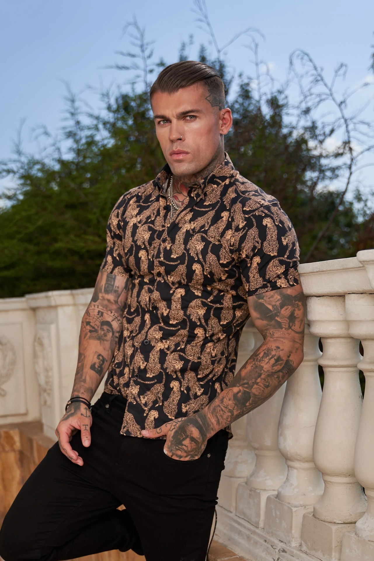 Father Sons Super Slim Stretch Black / Tan Cheetah Print Short Sleeve With Button Down Collar - FS789