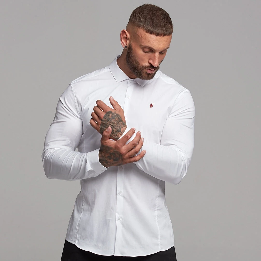 Father Sons Super Slim Stretch Classic White Panel Shirt (Burgundy Embroidery) - FS316 (LAST CHANCE) - Image 12