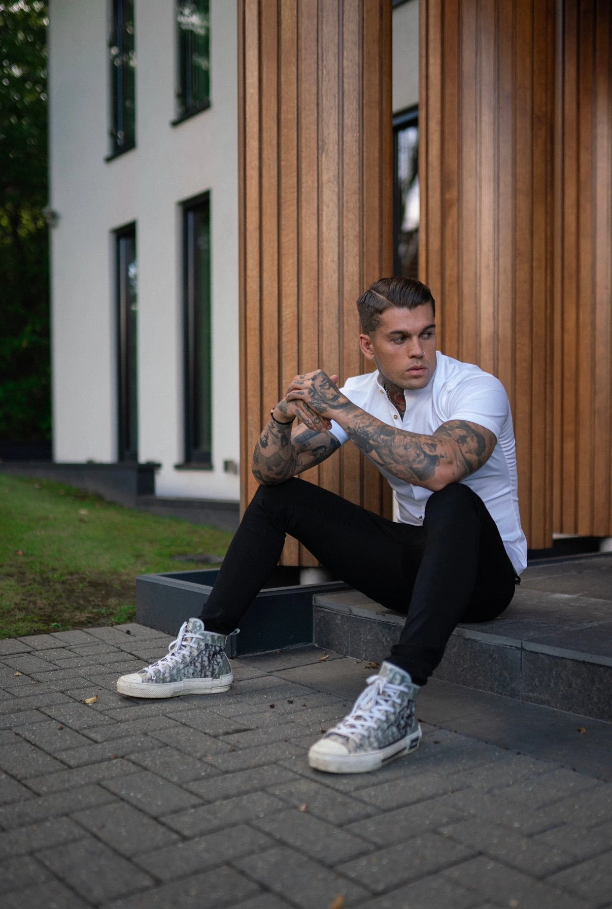 Father Sons Super Slim Stretch White Denim Short Sleeve Grandad Collar With Metal Buttons And Decal Emblem - FS720 - Image 6