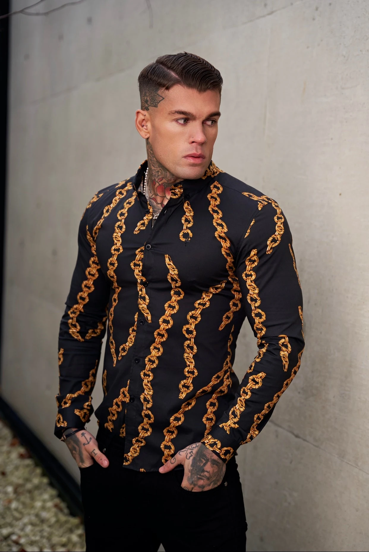 Father Sons Super Slim Stretch Black / Gold Chain Print Long Sleeve With Button Down Collar - FS856 - Image 7