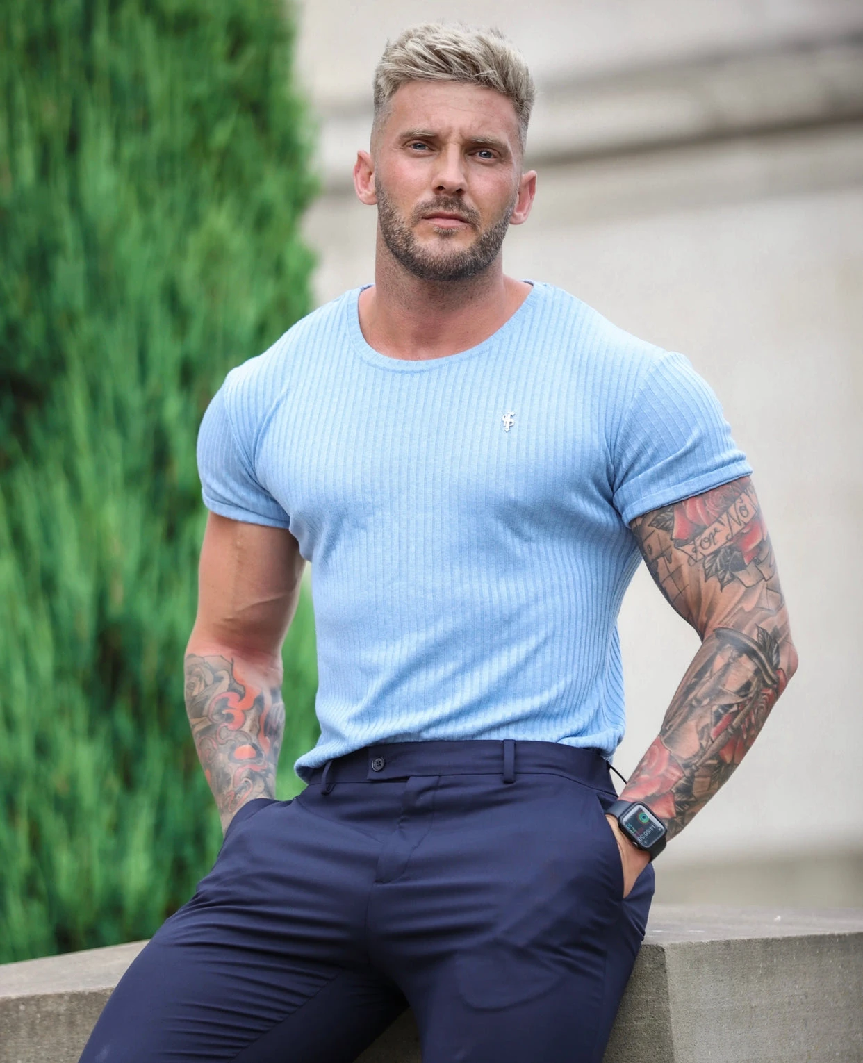 Father Sons Classic Light Blue Rib Short Sleeve Crew T Shirt With Silver Decal - FSH635 - Image 2