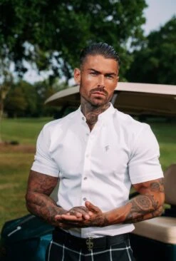 Father Sons Super Slim Stretch White Denim Short Sleeve Grandad Collar With Silver Metal Buttons And Decal Emblem - FS762