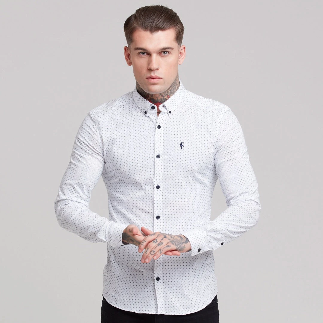 Father Sons Super Slim Stretch White & Navy Ditsy Print Long Sleeve FS415 - Image 3