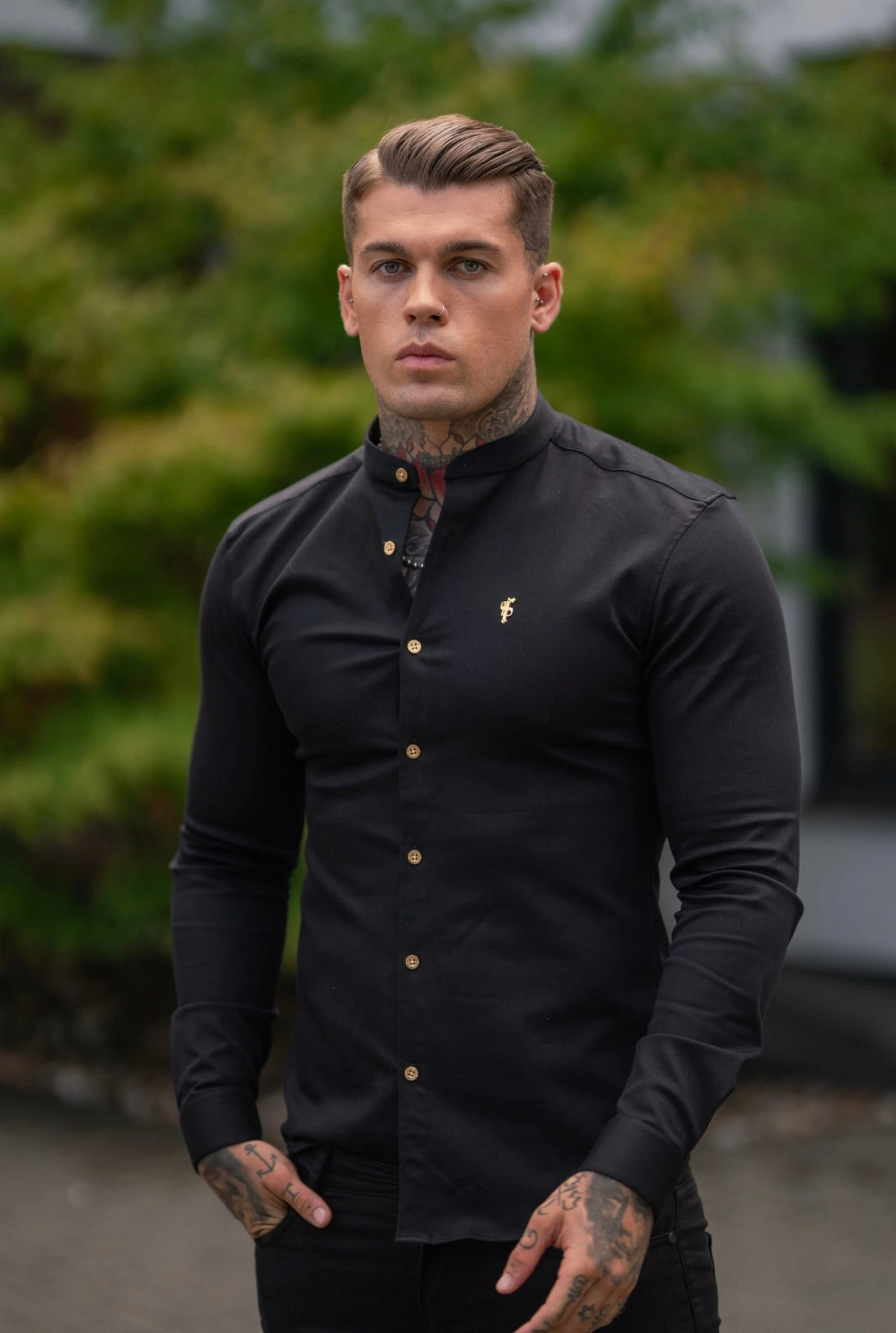 Father Sons Super Slim Stretch Black Denim Long Sleeve Grandad Collar With Metal Buttons And Decal Emblem - FS707 - Image 3