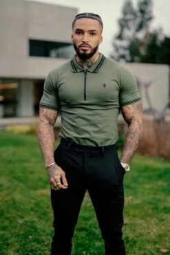 Father Sons Khaki And Black Collar Contrast Zip Polo - FSH337