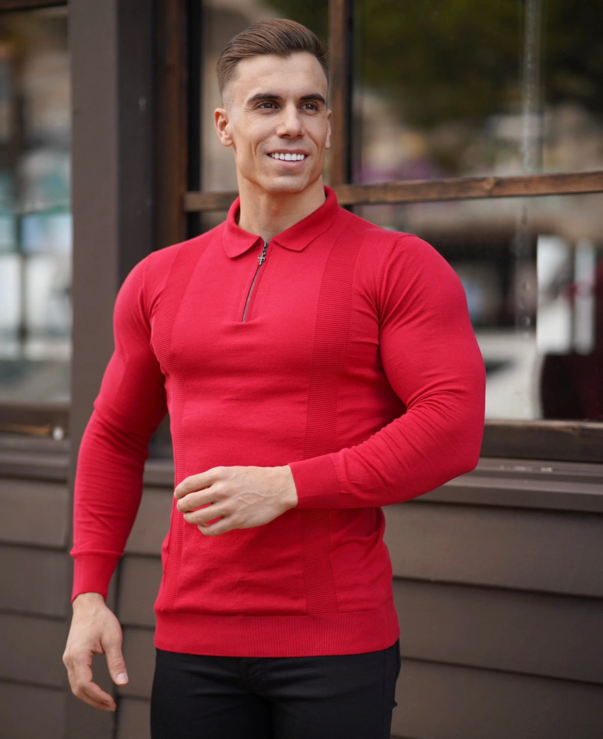 Father Sons Classic Poppy Red And Black Zip Knitted Long Sleeve Polo Shirt - FSH567 - Image 2