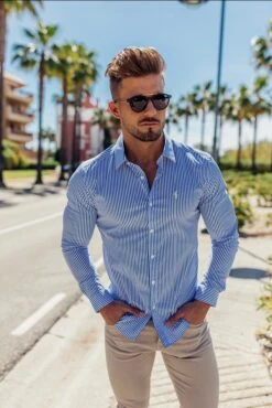 Father Sons Super Slim Stretch Navy & White Stripe (Yellow Emblem) - FS364