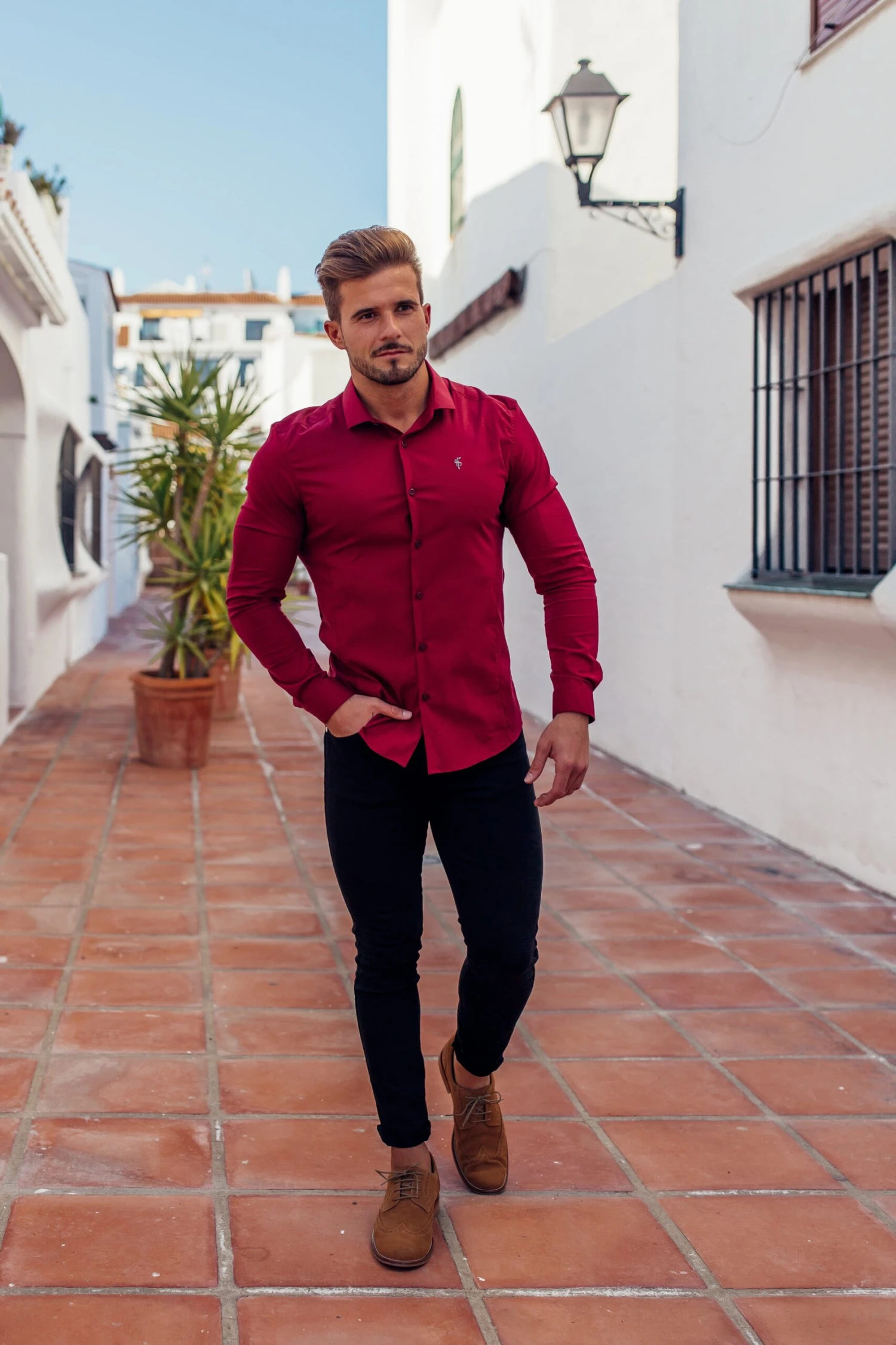 Father Sons Super Slim Stretch Classic Oxblood Panel Shirt (Grey Embroidery) - FS318 - Image 3