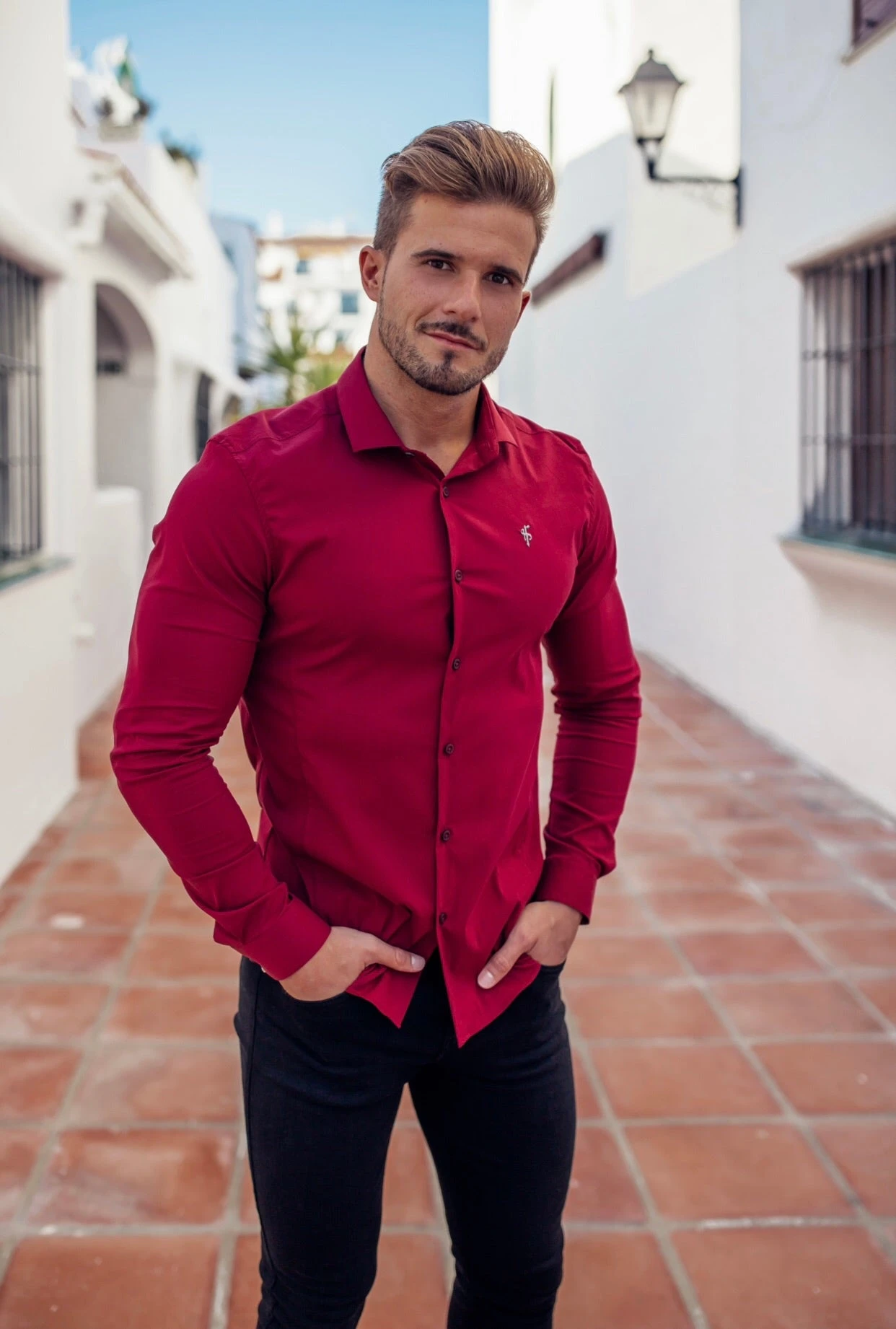 Father Sons Super Slim Stretch Classic Oxblood Panel Shirt (Grey Embroidery) - FS318 - Image 2